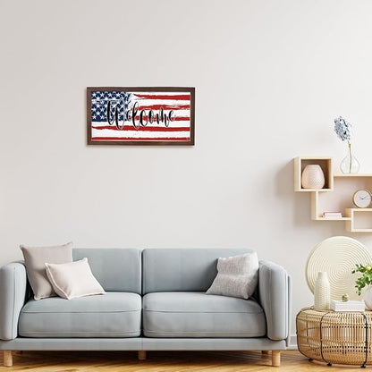 American Flag Welcome Sign, Front Door Wall Decors, Patriotic American Home Decor, Porch Decoration, Housewarming Decoration, Rustic Farmhouse Wooden Framed Wall Decor 15×7.5×0.3 inches