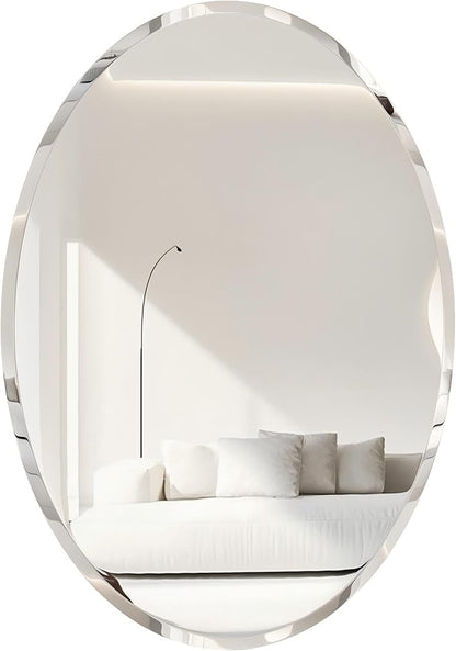 Frameless Oval Wall Mirror: Decorative Elliptical Mirrored Glass Vanity with Beveled Silver Edge for Bathroom Bedroom Livingroom Dining Room Entryway Hallway, 28 x 20 inch