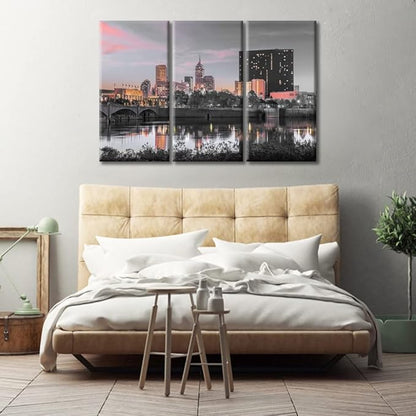 TUMOVO 3 Piece American Cityscape Black and White Wall Art Indianapolis Indiana USA Skyline on the White River at Dusk Artwork Wall Decor for Bedroom Framed Ready to Hang (42" Wx28 H)