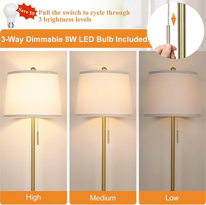 Gold Floor Lamps for Living Room, 63in Modern Standing Lamp 3 Way Brightness Dimmable with White Linen Shade Metal Base Tall Pole Light for Bedroom Reading Office Corner Nursery 8W LED Bulb Included