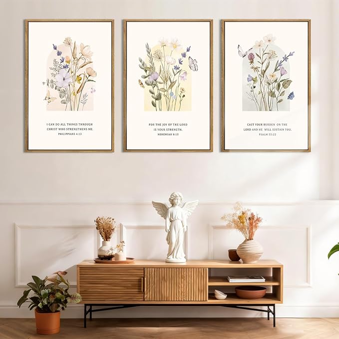 IARTTOP Extra Large Christian Easter Wall Art Framed 24x36 Inch Floral Bible Verse Scripture Art Prints Minimalist Botanical Wildflower Religious Canvas Wall Decor for Living room Bedroom Set of 3