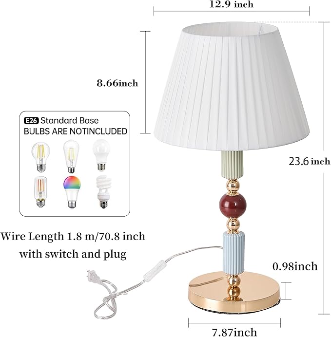 White Fabric Shade Table Lamp Modern Metal Desk Lamp with Plug Cord Switch for Bedroom Bedside