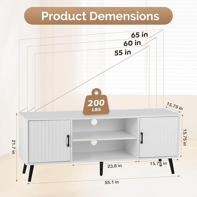 Modern TV Stand for 65 Inch TV, Entertainment Center with 2 Storage Cabinets and Adjustable Shelf, Solid Wood Feet, 4 Cord Holes, Strip Wave Media TV Console Table for Living Room Bedroom (White)