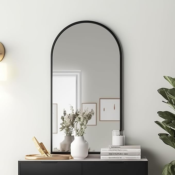 Dewfig Arched Wall Mounted Mirror, 42"x24", Arch Black Mirror for Bathroom Vanity, Living Room or Bedroom, Entryway, Hallway Wall Mirror, Farmhouse Decorative Mirror for Hanging, Black, Iron Frame