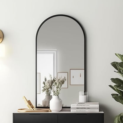 Dewfig Arched Wall Mounted Mirror, 42"x24", Arch Black Mirror for Bathroom Vanity, Living Room or Bedroom, Entryway, Hallway Wall Mirror, Farmhouse Decorative Mirror for Hanging, Black, Iron Frame