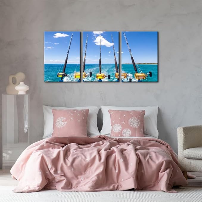 3 Pieces Canvas Wall Art Row of Five Fishing Rod and Reel Pictures Blue Seascape Wall Paintings for Living Room Bedroom Fishing Tackle Artwork HD Prints Modern Home Decor Framed - 20"x28"x3 Panel