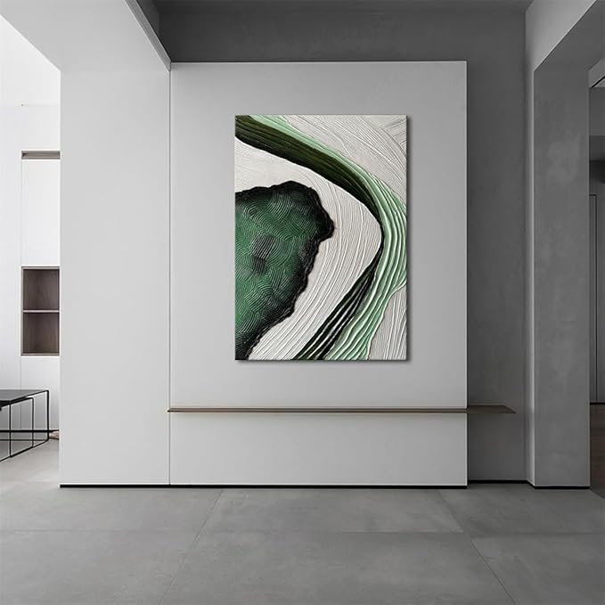 Slyart Large Nordic Green and White Abstract Vertical Wall Art Green 3D Texture Painting Green White Painting Modern Living Room Oil Paintings Minimalist Art