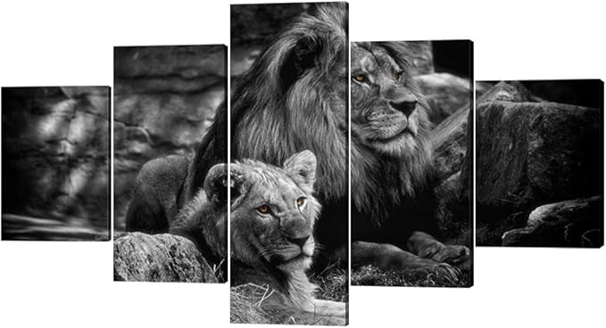 Framed Lion Pictures Wall Decor Modern 5 Panels White Black Lions Canvas Wall Art Easy to Hang Animal Posters for Living Room Bedroom Decor - 60''W x 32''H