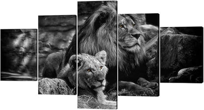 Framed Lion Pictures Wall Decor Modern 5 Panels White Black Lions Canvas Wall Art Easy to Hang Animal Posters for Living Room Bedroom Decor - 60''W x 32''H
