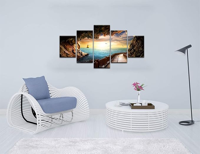 Sunset Seagulls Stone Scene Landscape Picture Modern Painting on Canvas 5 Piece Framed Wall Art for Living Room Bedroom Kitchen Home Decor Stretched Gallery Canvas Wrap Giclee Print (60’’W x 32’’H)