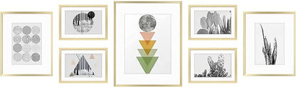 Golden State Art, Aluminum Gallery Wall Frame Set of 7 - Includes One 11x14, Two 8x10, and Four 5x7 - Metal Frames with Mat & Real Glass Cover for Elegant Home or Office Decor (Style 2, Gold)