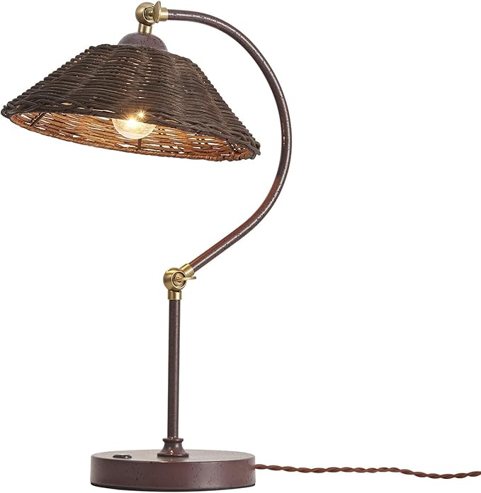 Woven Rattan Table Lamp, Boho Handmade Rattan Shade, Anti-Rust Iron Base Vintage Dark Brown Plug in Desk Lamp, Plug & Play Bedside Nightstand Lamp for Bedroom Living Room Home Office, Bulb Included