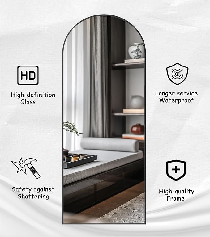 Rowjut Full Length Mirror Arched Floor Length Mirrors, 71"x26" Large Full Body & with Stand & Arch Wall Mounted & Standing Mirror for Bedroom Living Room, Aluminum Frame, Black