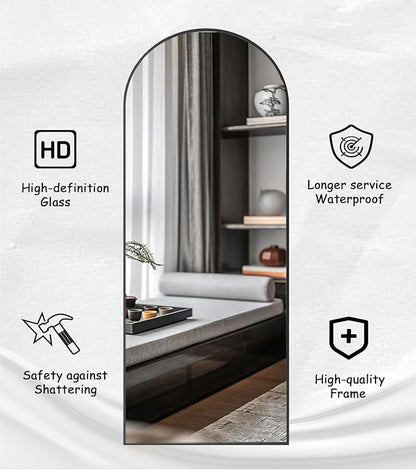Rowjut Full Length Mirror Arched Floor Length Mirrors, 71"x26" Large Full Body & with Stand & Arch Wall Mounted & Standing Mirror for Bedroom Living Room, Aluminum Frame, Black