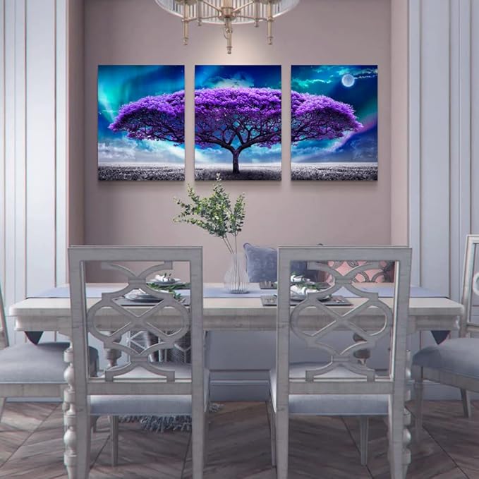 Lapremoly Canvas Wall Art For Living Room Boho Decor Bedroom Farmhouse Pictures Aurora Purple Tree Scenery Paintings Office Prints Modern Dormitory Home Decorations 16'' X 24'' 3 Piece