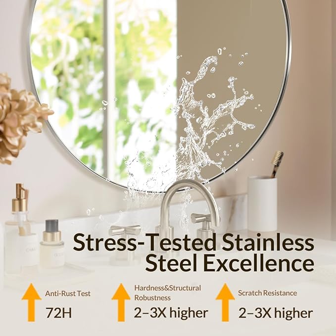 ANDY STAR Silver Round Mirror, 32" Brushed Nickel Bathroom Mirror, Stainless Steel Metal Framed Circle Wall Mirrors, Large Modern Vanity Mirror for Entryway, Living Room