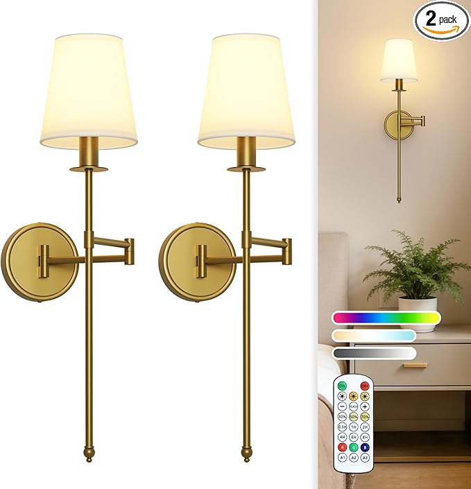 Joosenhouse Battery Operated Wall Sconces (Set of 2), Wireless Dimmable Wall Lights, 9 RGB Color Options, 24.8-inch Brass Indoor Wall Lamps, for Decorating bedrooms, Living Rooms, and hallways