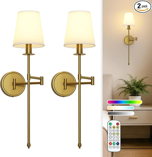 Joosenhouse Battery Operated Wall Sconces (Set of 2), Wireless Dimmable Wall Lights, 9 RGB Color Options, 24.8-inch Brass Indoor Wall Lamps, for Decorating bedrooms, Living Rooms, and hallways