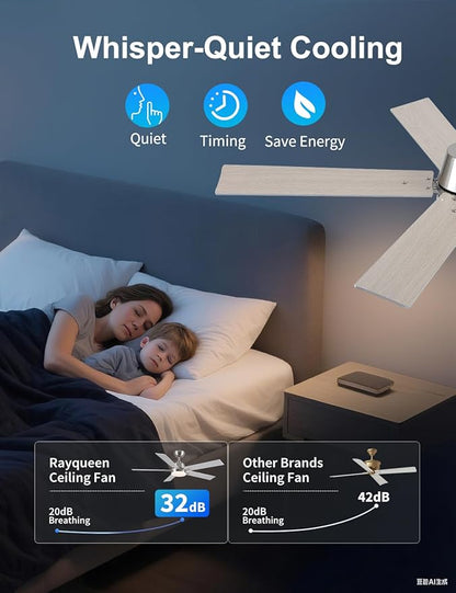 Rayqueen 52 Inch Ceiling Fans with Lights and Remote, 6 Speed Reversible DC Motor, 3CCT Dimmable LED, Modern Brushed Nickel Ceiling Fan for Bedroom, Living room & Covered Outdoor,Includes Downrod