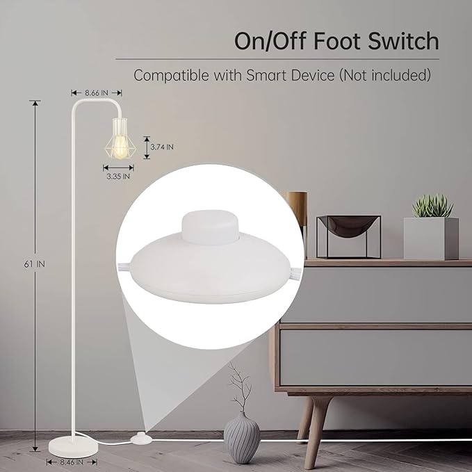 BoostArea White Floor Lamp, Industrial Floor Lamp, 63inch Standing Lamp, E26 Socket, On/Off Footswitch, Whole Metal, Modern Small Simple Stand Up Lamp for Bedroom Living Room, Vintage, Mid Century