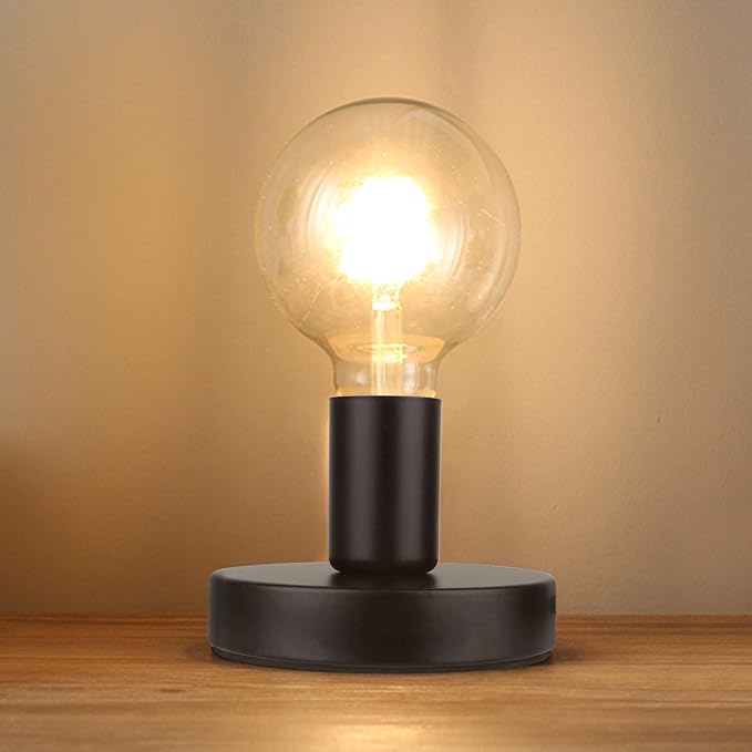 Helunsi Industrial Table Lamp Base, E26 E27 Lamp Base Without Shade, Mini Short Desk Lamp Exposed Bulb Base, Simple Metal Edison Light Bulb Stand, with 5.8ft Cord Switch Plug Bulb Base Holder (Black)