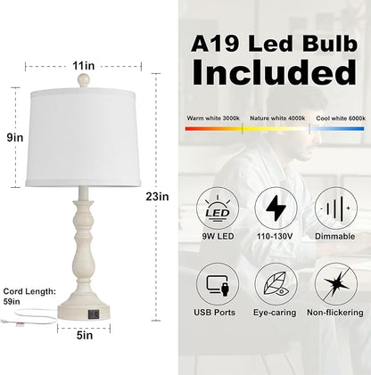 23'' Farmhouse Table Lamps for Living Room Set of 2 with USB C+A Ports, Retro Bedside Lamp for Bedroom, Office, Dining Room, Knob Switch, 3 Color Temperatures, Bulb Included, Beige