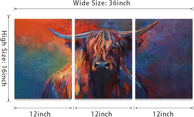 Cow Canvas Wall Art Abstract Highland Cow Painting 3 Panels Texas Longhorn Posters and Prints for Living Room Home Office Bar Toilet Bedroom Guest Room Decoration, Framed 12W'' x 16H'' x 3pcs