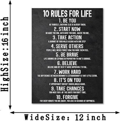 Yatsen Bridge 10 Rules for Life Motivational Wall Art - Black and White Inspirational Canvas Print, Positive Life Principles for Home and Office, Framed & Ready to Hang (12x16 Inch)