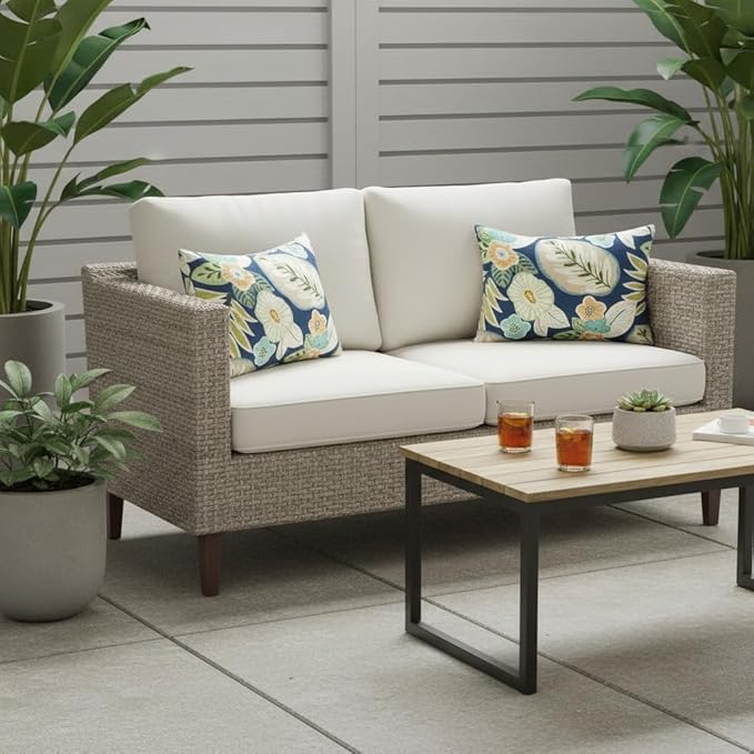 Set of 2 Outdoor Throw Pillows 19 x 12 Inch – Reversible Rectangle Patio Accent Pillows – Weather-Resistant Polyester Fabric – Eco-Friendly Recycled Polyfiber Fill – Marlow Blue Floral