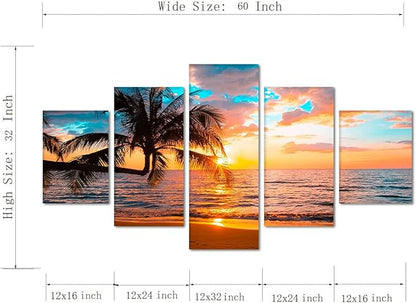 Yatsen Bridge Beaches Wall Art 5 Piece Set Sunset Poster Ocean Scenic Nature Pictures HD Print on Canvas Office Home Decor Framed Ready to Hang - 60''W x 32''H