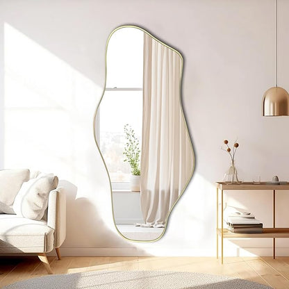 Large Irregular Mirror, 59"x25.5" Asymmetrical Frameless Mirrors, Gold Organic Shape Wall Mirrors for Living Room Bedroom Hallway Entryway, Horizontal or Vertical Hanging