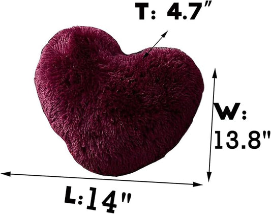MorroMorn Fluffy Heart Throw Pillows, Shaggy Decorative Pillow for Sofa Couch Bed, Cute Room Decor Decorations for Women Girls Kids (Maroon)