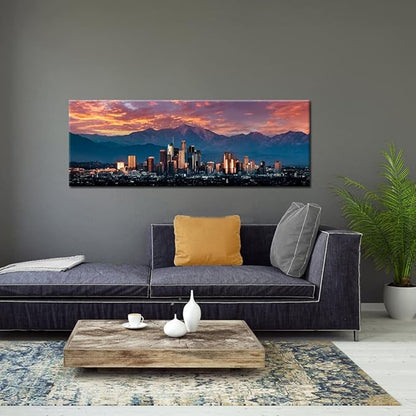 iKNOW FOTO Cityscape Canvas Wall Art California in Sunrise Poster Artwork Canvas Prints USA Famous Landmark Art Wall Decor Downtown Los Angeles Skyline Picture Painting for Bedroom Decor 20x55inch