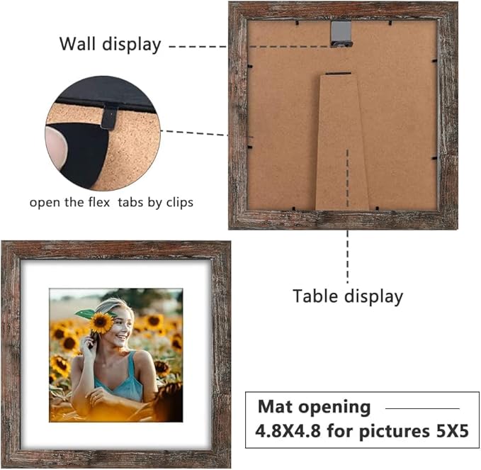 8x8 Picture Frame Distressed Rustic Brown Wood Set of 6,Display Pictures 5x5 with Mat or 8x8 Without Mat,Multi Photo Frames Collage for Wall or Tabletop Display