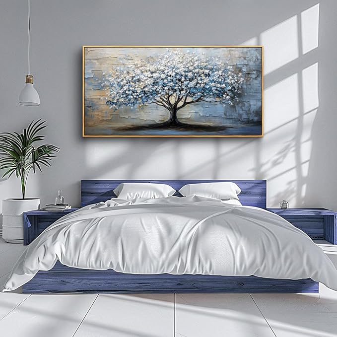 ERQINHUA Wall Art For Living Room Large Wall Decor Art For Office Abstract Pictures Blue Grey Tree Restaurant Wall Painting Framed Canvas Printing Art Bedroom Home Decoration Wood Framed 20"X40"