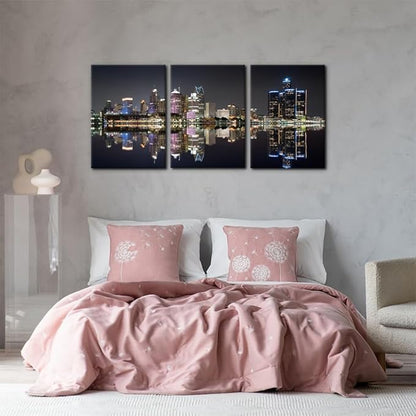 Pacimo 3 Pieces Panoramic Detroit Cityscape Picture Black and White Michigan Night Skyline Canvas Art Prints Wall Decoration for Bedroom Office Stretched and Framed Ready to Hang - 20"x28"x3 Panels