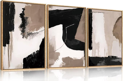 Large Modern Abstract Framed Canvas Wall Art Set, Neutral Black and Beige Color Block Wall Decor,Minimalist Pastel Tan Art Printing for Living Room,Bedroom,Office-24 x36 x3