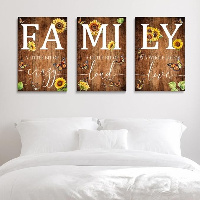 GUBIYU Farmhouse Family Wall Art Set of 3, Rustic Family Wall Decor for Living Room & Dining Room, Retro Brown Wood Wall Art with Butterfly & Sunflower Design, 24"x36"