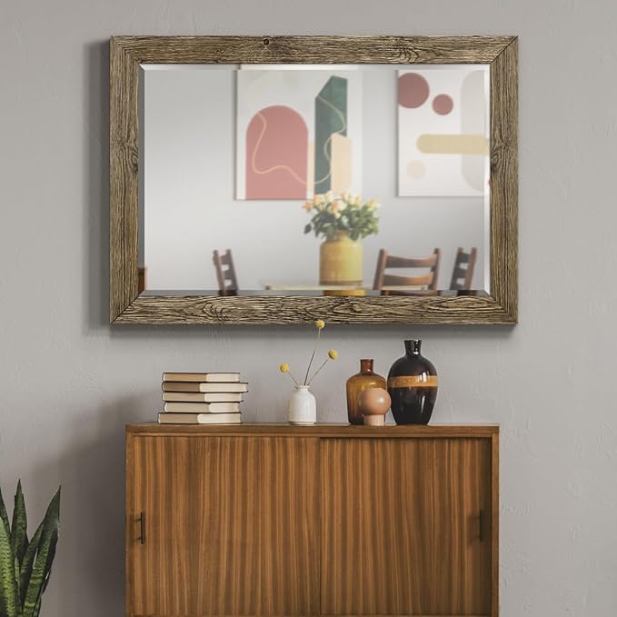 Renditions Gallery Rectangular Dark Room Walnut Wooden Framed Body Mirror Decor Farmhouse Wall Mounted Horizontal Decorative Mirror for Bedroom Living Room Bathroom - 41"x29" LT07