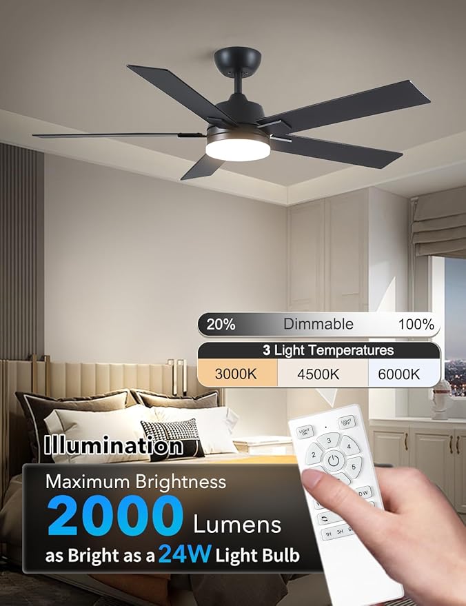 Rayqueen 52 Inch Ceiling Fans with Lights and Remote, 6 Speed Reversible DC Motor, 3CCT Dimmable LED, Black Modern Ceiling Fan for Bedroom, Living room & Covered Outdoor,Includes Downrod