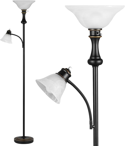 71'' Floor Lamps for Living Room, Tall Floor Lamp for Bedroom with Adjustable Angle Arc Reading lamp, Modern Torchiere Standing lamp with Glass Shade, Knob Switch, Bulb Included, Black