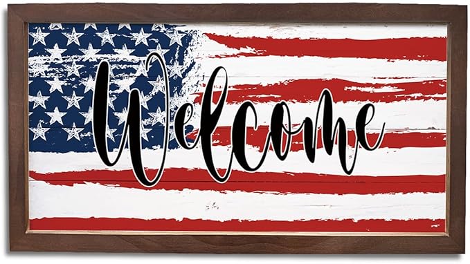 American Flag Welcome Sign, Front Door Wall Decors, Patriotic American Home Decor, Porch Decoration, Housewarming Decoration, Rustic Farmhouse Wooden Framed Wall Decor 15×7.5×0.3 inches