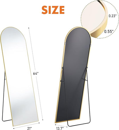 OLIXIS 64"x 21.5" Arched Mirror Full Length, Full Body Mirror with Stand, Hanging or Leaning for Wall, Floor Standing with Shatter-Proof Glass for Bedroom, Living Room, Long, Gold