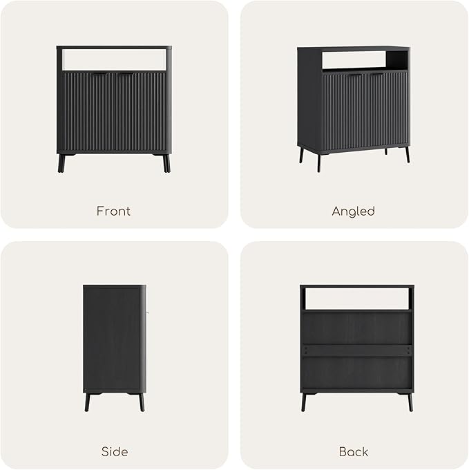 Fatmok Fluted Buffet Cabinet with Storage, 31.4" Wide Wood Sideboard Credenza with 2 Doors & Open Storage Shelf, Modern Coffee Bar Table for Living Room Kitchen Dining Room,Black Grey