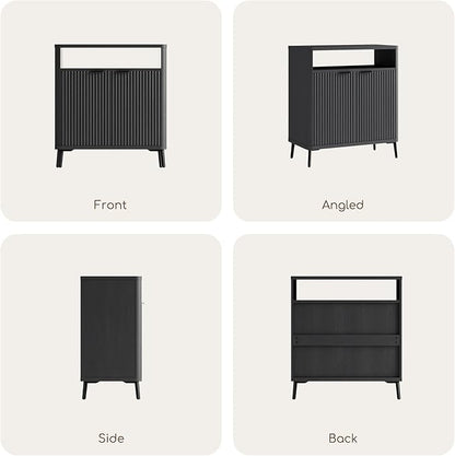 Fatmok Fluted Buffet Cabinet with Storage, 31.4" Wide Wood Sideboard Credenza with 2 Doors & Open Storage Shelf, Modern Coffee Bar Table for Living Room Kitchen Dining Room,Black Grey