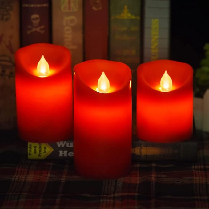Flameless Battery Operated LED Candles, Remote Control Electric Realistic Candles Flickering Real Wax 4/5/6 Inch 3PACK with 2/4/6/8 Hour Timer for Home Decor Holidays Party (Red)