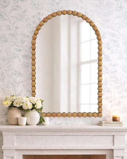Beaded Arched Wall Mirror 24"x36", Decorative Arch Mirror with Beaded Frame, Vintage Style Accent Mirror for Entryway, Bathroom, Living Room, Bedroom, Fireplace Mantel
