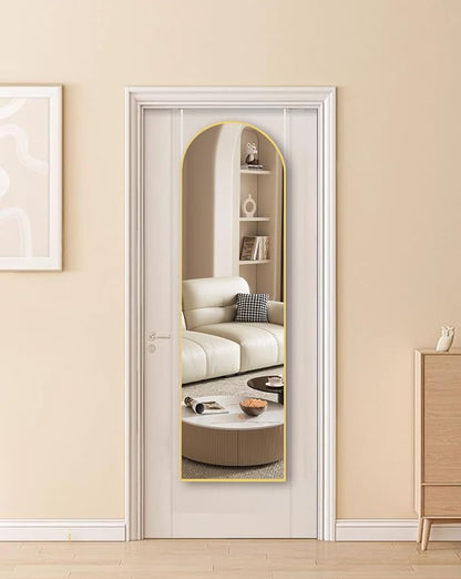 Arched Full Length Mirror, 48"x14" Gold, Tempered Shatterproof Glass & Aluminum Frame, Over Door or Wall Mounted, No Drill Installation for Bedroom, Bathroom, Closet, Entryway, Living Room Decor