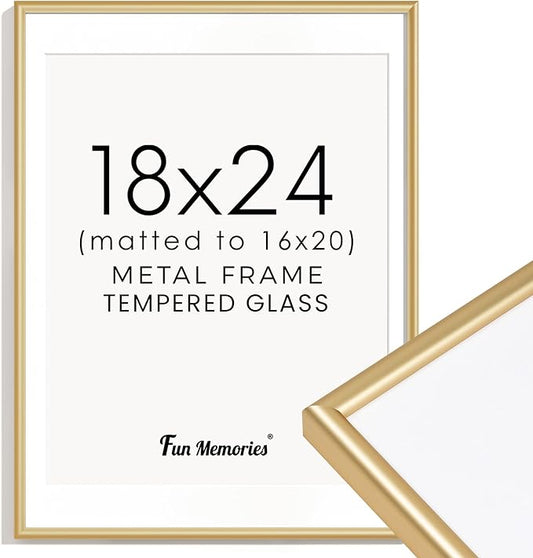 Fun Memories Gold Picture Frame 18x24, Aluminum 18"x24" With Mat & Real Glass, 18 by 24 Gold Frame for 16x20 Poster