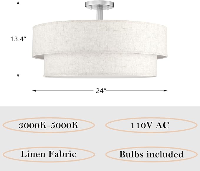 24 Inch LED 28W Adjustable 3000/4000/5000 Brushed Nickel Double Drum Linen Fabric Shade Semi Flush Mount Close to Ceiling Light Fixture for Bedroom,Living Room,Dining Room Hallway